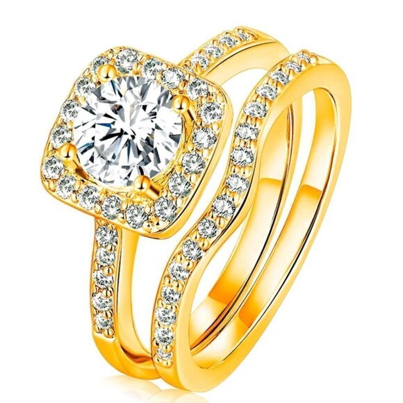 18K Yellow Gold and White Diamond Cubic Zirconia Wedding Ring Band Set - Picture 1 of 6